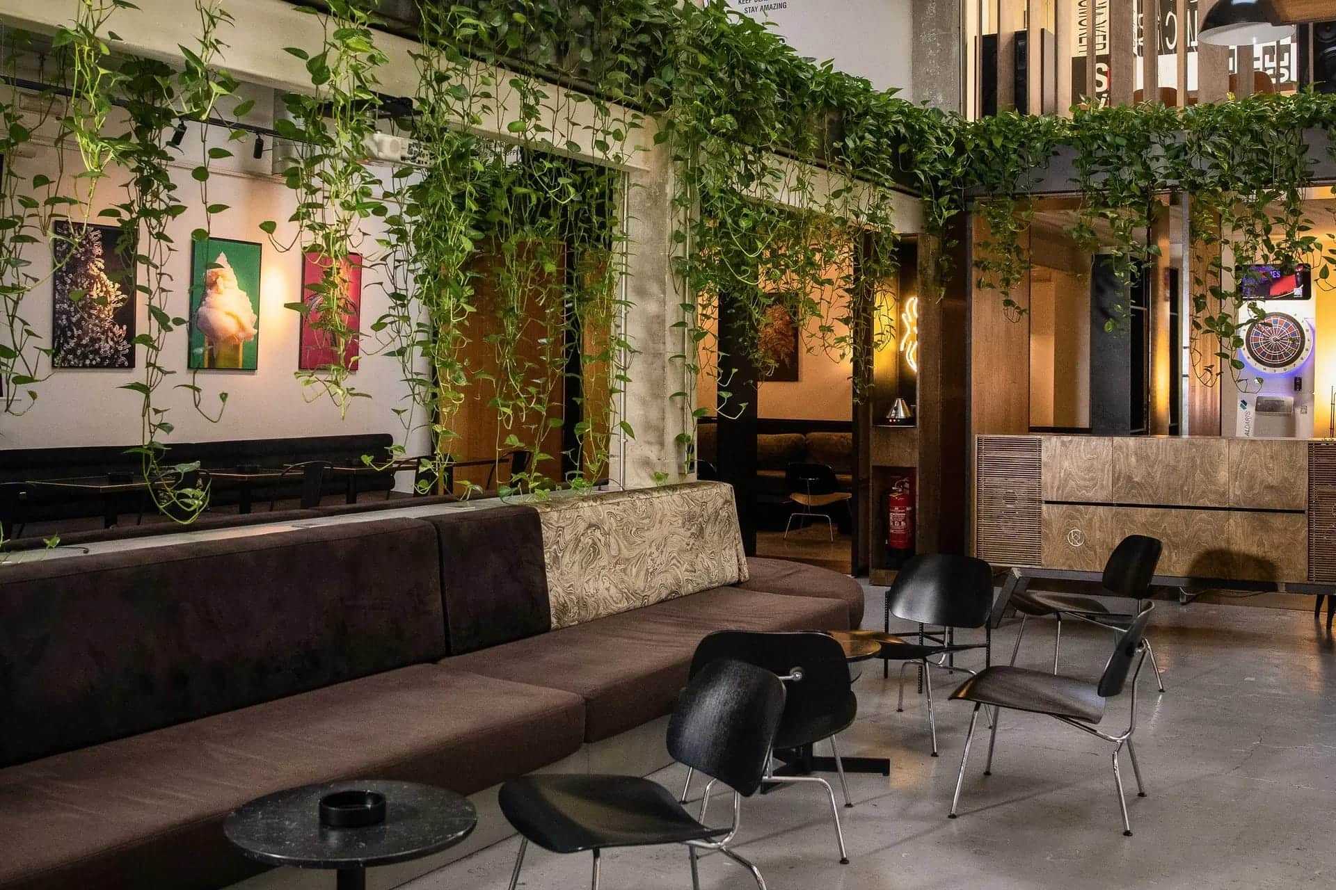 Interior of HQ cannabis club in Barcelona featuring industrial design, hanging lush greenery, comfortable lounge seating, and a dartboard area