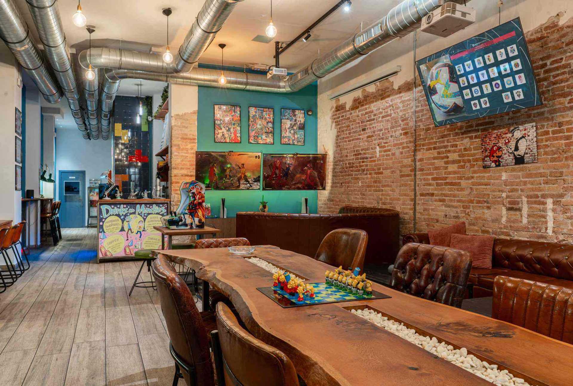 Wooden table with board game at social cannabis club 1UP in Barcelona